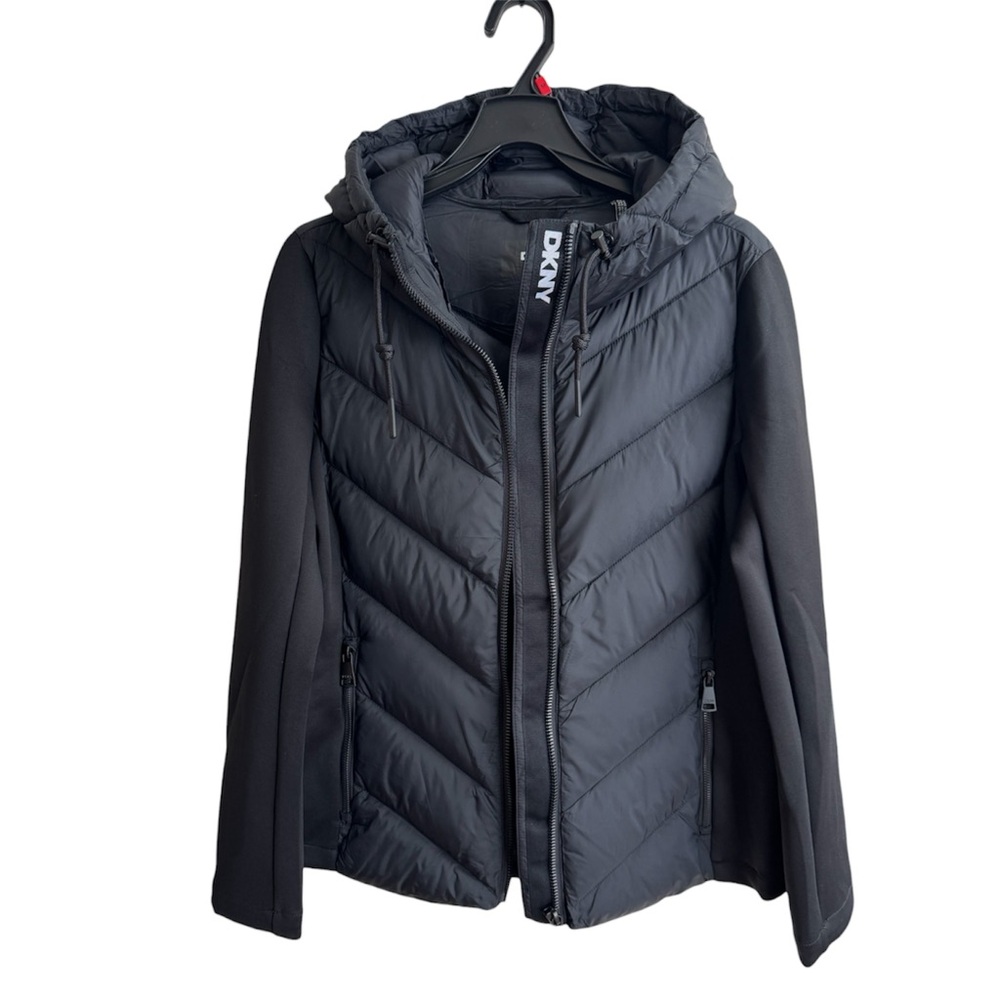 DKNY Black Mixed Media Puffer Jacket with Hood